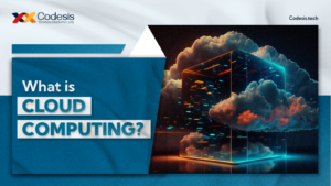 an image with the written text as what is cloud computing? with the image of cloud covering an pc CPU with blue and orange background