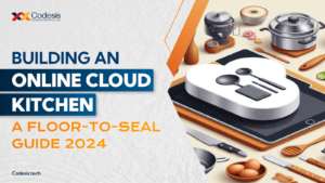 an image of cloud kitchen feature image which contains text 'building an online Cloud kitchen ' with the illustration of kitchen tools in the right.