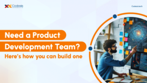 an image with the person working on computer and text written as product development team